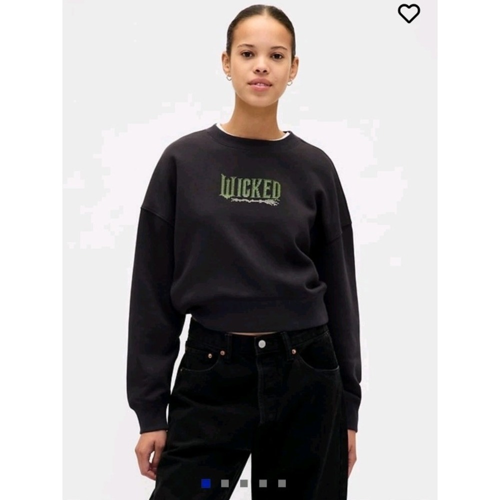 Gap Wicked Sweatshirt Women's Size L Petite Rhinestone Logo Glinda Cropped Black